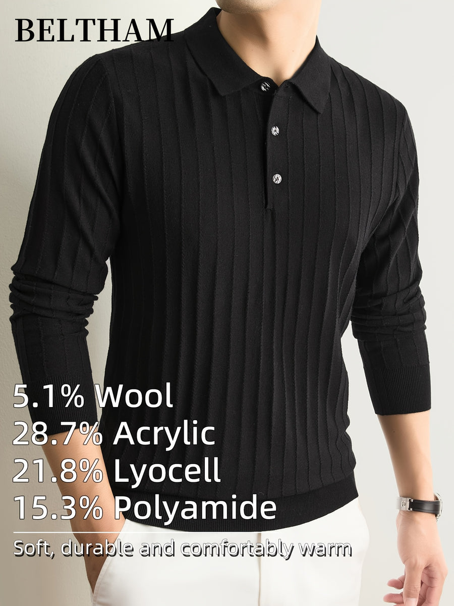 Men's New Fall Winter Wool Blend Long Sleeve Polo Collar Pullover Sweater, Cold Resistant Warm Soft Comfortable Knit Jumper, Simple Elegant Fashion, Ideal Gift for Father Husband, Daily Casual Business Sports Golf Fishing Outdoor Camping Wear - Black