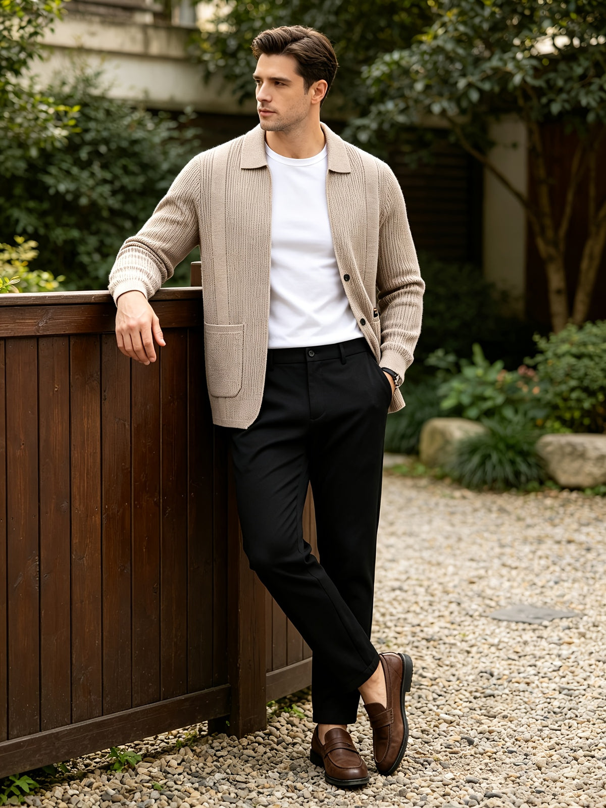 Men's Lightly Mature Business Casual Lapel Knit Cardigan, Vertical Stripe Textured Breathable Wrinkle-Resistant Knit Outerwear, Comfortable, Soft, and Skin-Friendly, with Simple Single-Breasted Design and Dual Pockets, Structured Fit for a Slimming - Camel