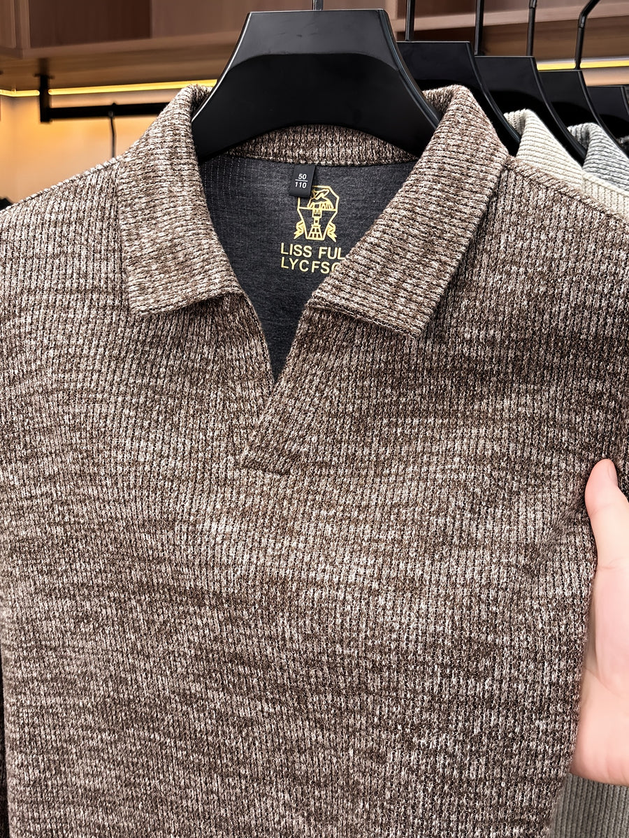 Autumn New Style Long Sleeve Polo Shirt Lapel No Button V-Neck Design Vertical Stripes Ribbed Knit Thick Long Sleeve Solid Color Basic Fit Outdoor Casual Commuter Men'S Clothing Quality Casual Top Business Office - Coffee Color