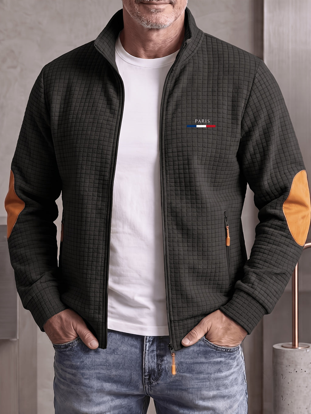 [Pearson OBM] Men'S Autumn Winter Sports Short Collar Jacket, Classic Print Design, Zippered Pockets Fashionable Small Plaid Textured Fabric, Elbow Classic Color-Block Casual Coat, Spring Autumn Versatile Zippered Cardigan Top, Suitable for Gifting - pa black