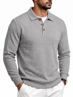 Men'S Casual Jacquard Polo Shirt, Autumn Easy Style Elastic Long Sleeve Textured Fabric Slim Fit Base Layer Top - Grey