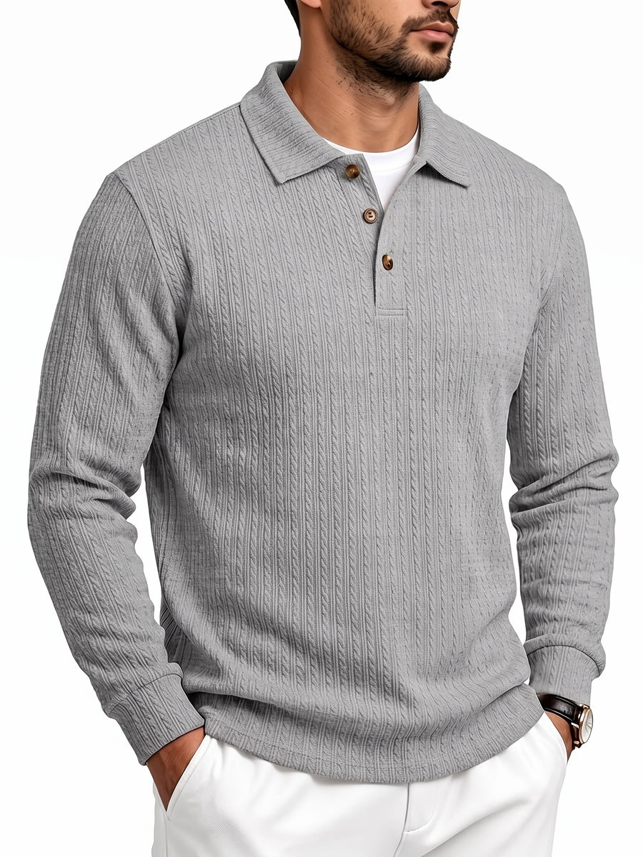 Men'S Casual Jacquard Polo Shirt, Autumn Easy Style Elastic Long Sleeve Textured Fabric Slim Fit Base Layer Top - Grey