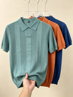 Men 3pcs Vertical Textured Knit Polo Shirts, Slim Fit Notch Collar Short Sleeve Knitwear, Lightweight Comfort Shirts for Office Vacation Daily Wear - Dark Blue-Orange-Gray Green