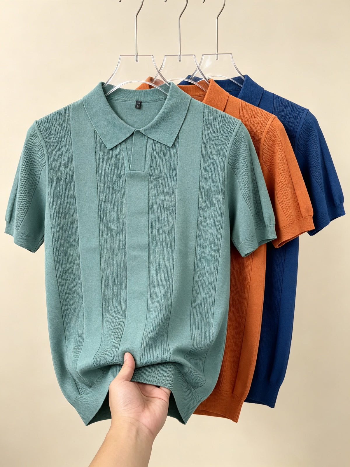 Men 3pcs Vertical Textured Knit Polo Shirts, Slim Fit Notch Collar Short Sleeve Knitwear, Lightweight Comfort Shirts for Office Vacation Daily Wear - Dark Blue-Orange-Gray Green