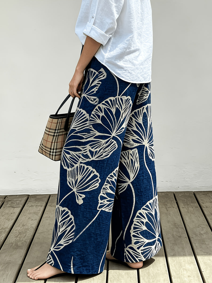 Women'S Printed Casual Vacation Trousers, Breathable Daily Commute Vacation All-Match Wide-Leg Pants, High-Waist Loose Breathable Trousers, Vacation High-Waist Loose Breathable Trousers, Suitable for All-Season Wear - Royal Blue