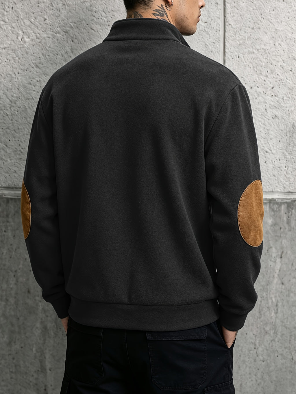 Men's Vintage Sport Stand Collar Half-Zip Sweatshirt with Contrast Color Elbow Patches and Kangaroo Pocket, Top - Black