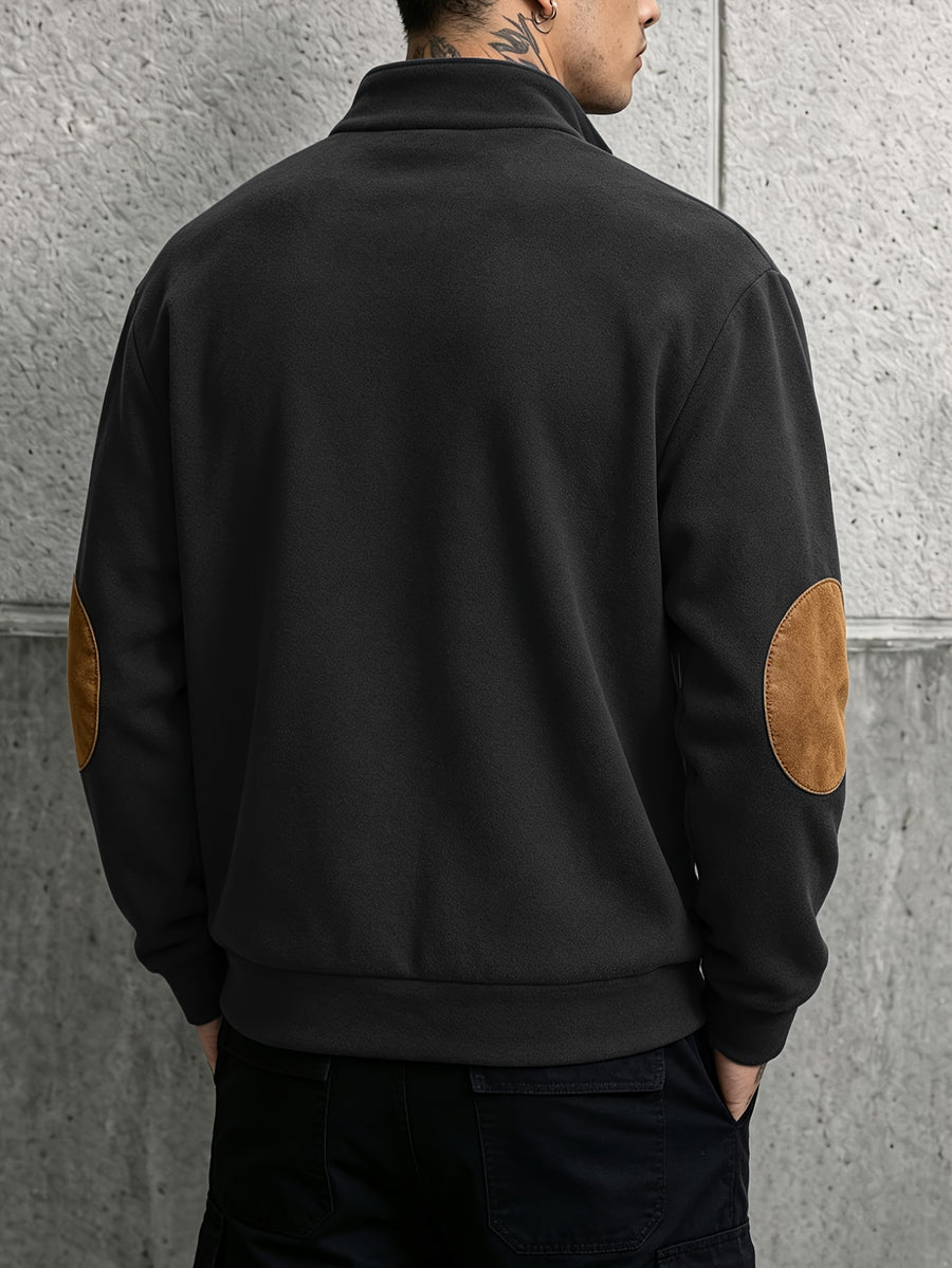 Men's Vintage Sport Stand Collar Half-Zip Sweatshirt with Contrast Color Elbow Patches and Kangaroo Pocket, Top - Black