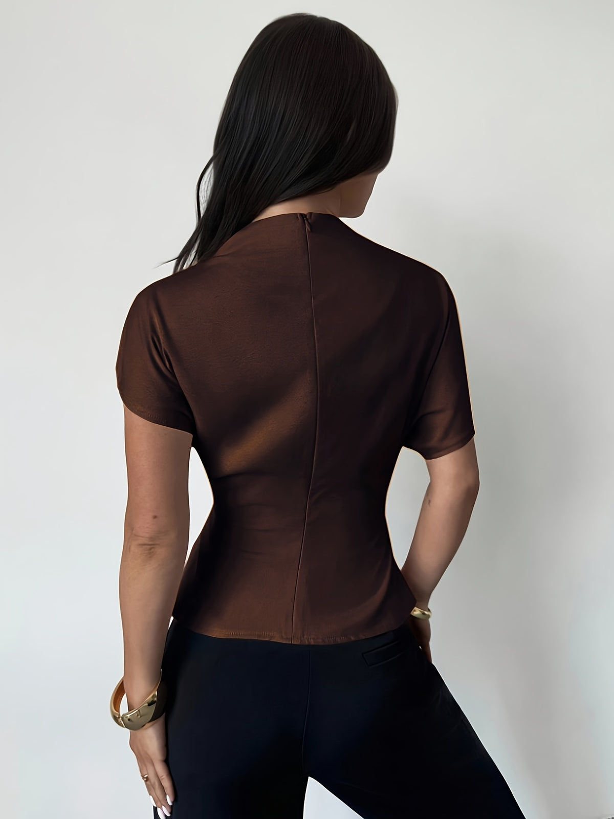 Asymmetrical Sleeve Side Ruched Waist Commuter Women'S Blouse, All-Season - Coffee Brown