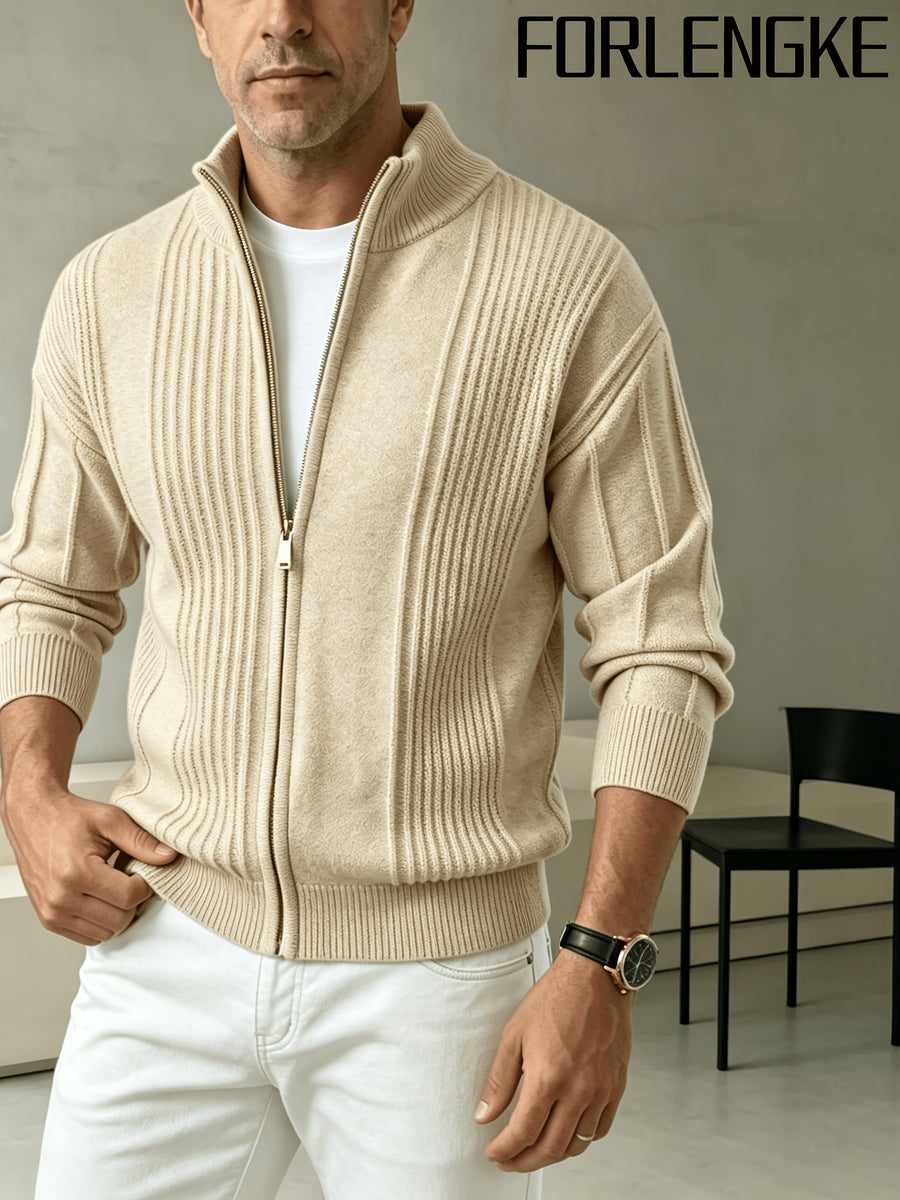FORLENGKE Early Autumn New Arrival Men's Italian-Style Minimalist Formal Knit Stand Collar Cardigan, Zipper Open Front for Layering with Inner Wear, Autumn/Winter Golf, Casual, Office Commute, Shopping, Market Strolling, Daily Wear Top - Beige Yellow