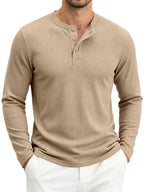 Men's Spring Fall Heavyweight Ribbed Henley Shirt, American Retro Casual Long Sleeve Top, Breathable Loose Commute Henley Neck Tee - Khaki