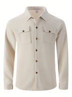 Men'S Waffle Knit Long Sleeve Button-Up Shirt, Casual Lapel Workwear with Chest Pocket, Lightweight And Breathable Daily Top, Autumn Menswear - Khaki