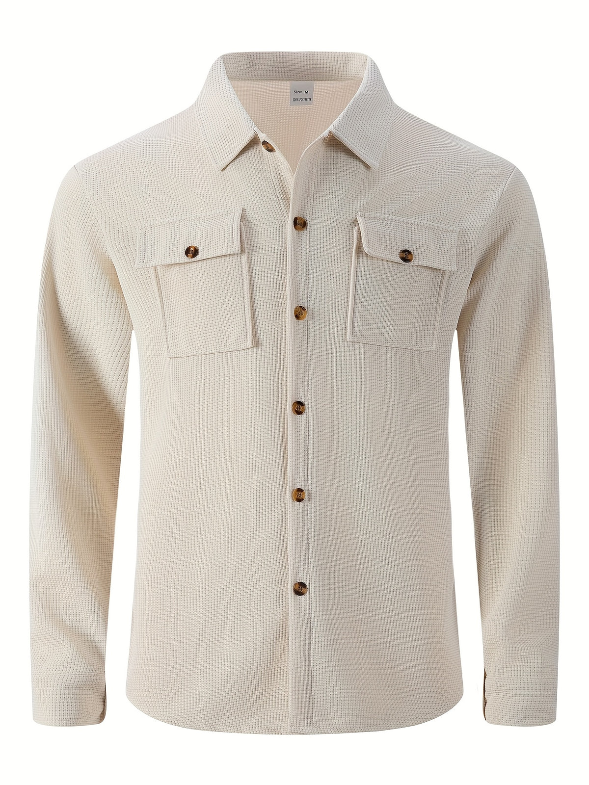 Men'S Waffle Knit Long Sleeve Button-Up Shirt, Casual Lapel Workwear with Chest Pocket, Lightweight And Breathable Daily Top, Autumn Menswear - Khaki