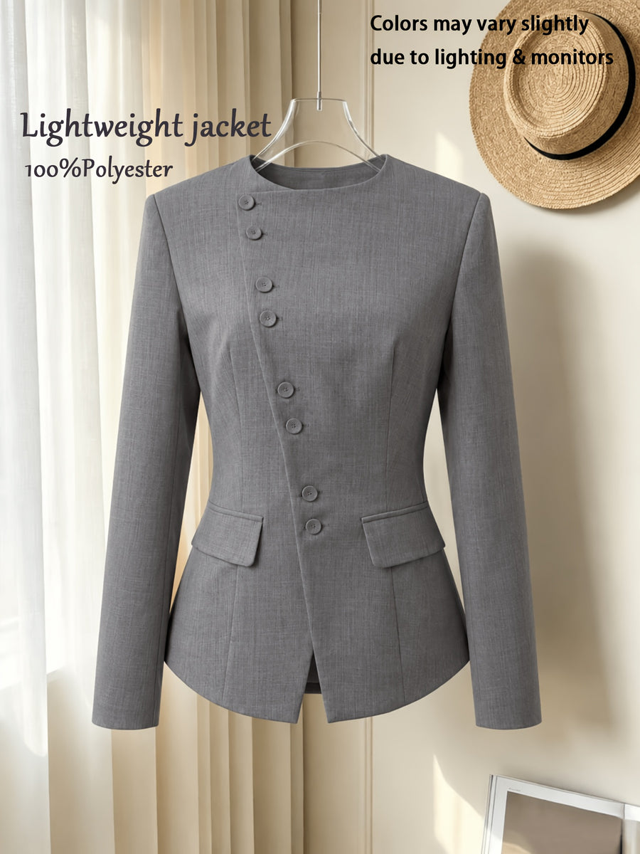 Women'S Suit Jacket with French Lapelless Diagonal Fastening And Waist-Tapered Design, Slim-Fit Silhouette, Suitable for Daily Commuting And Office Wear. New Spring And Autumn Collection, Fabric - Grey