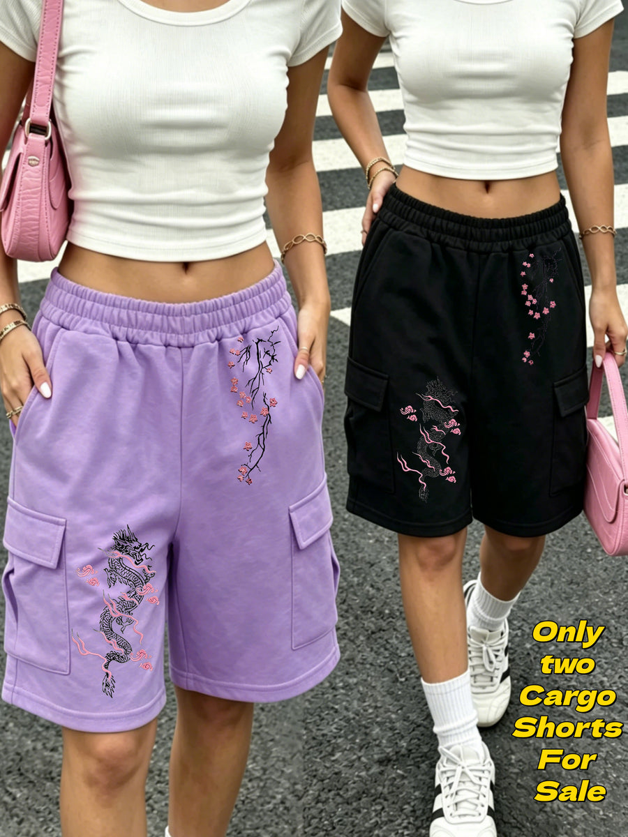 Japanese Style Printed Cargo Shorts 2Pcss Set, Loose Wide-Leg Bermuda Shorts with Leg-Smoothing Cut, Elastic Drawstring High-Waist Comfortable Fit, Soft Breathable Fabric Suitable for Street Outings, Campus Commute, And Home Walks - Purple+black