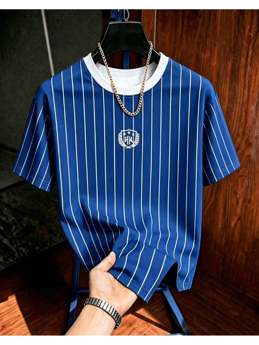 Summer Casual Striped Men'S T-Shirt, Contrast Shoulder Stripes Wheat Shield Print Breathable All-Match Round Neck Short Sleeve Top, Comfortable And Airy, Ideal Gift for Holidays - Mixed Color 3