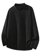 Men's Ribbed Cable Henry Neck Sweatshirt, Autumn Long Sleeve T-Shirt, American Style Premium Versatile Button-Patch Piece Top - Black