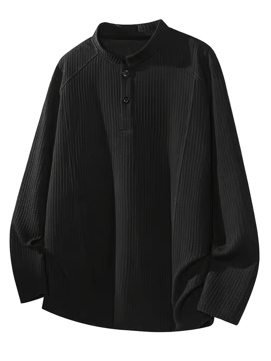 Men's Ribbed Cable Henry Neck Sweatshirt, Autumn Long Sleeve T-Shirt, American Style Premium Versatile Button-Patch Piece Top - Black