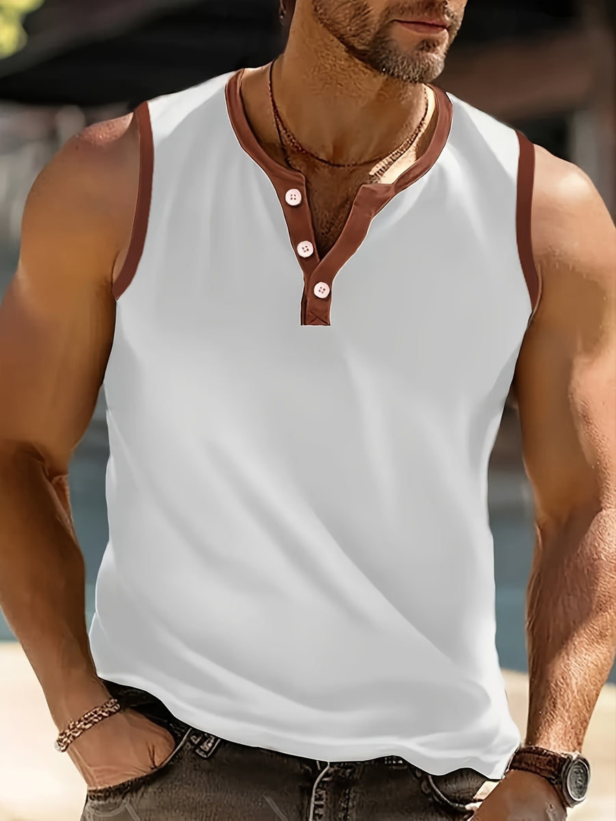 Men's Three-Button Henley Collar Sleeveless Vest with Contrast Binding, Round Neck, Summer Solid Color Casual Sportswear Top - White