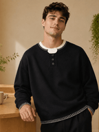 Men's and Women's Casual Sweater, Trendy Versatile Winter Henley Collar 2-in-1 Look Knit Top and Inner Base Layer, JKXN-1171 - Black