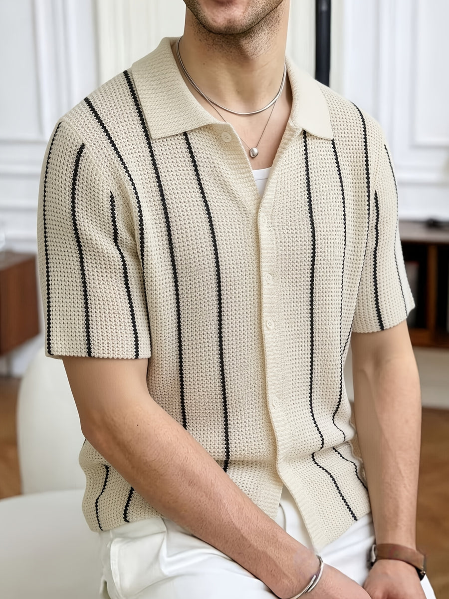 Spring Summer Men'S Short Sleeve Knit Sweater Casual Athletic Street Retro Style Vertical Stripe Pattern Lapel Button-Up Men'S Jacket Men'S Top Men'S Pullover - Apricot