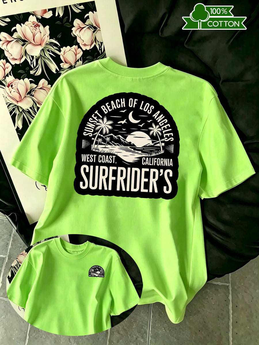 Summer New Coconut Tree Sunset Print Men'S Casual Sports Fitness Pure Short Sleeve Moisture Wicking And Sweat-Absorbing Sports Comfortable Casual Outing Matching, Outdoor Sports Fitness - Grass Green
