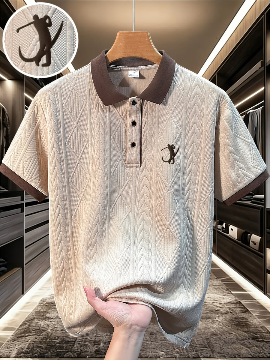 Men'S Fashion Polo Shirt, Golf Character 3D Pattern Print, Foamed Heavy Craft, Spring Summer Short Sleeve, Exquisite Jacquard Fabric, Comfortable And Skin-Friendly, Elegant Contrast Collar Design, Casual Trendy Versatile, Golf Wear, Premium T-Shirt - Apricot