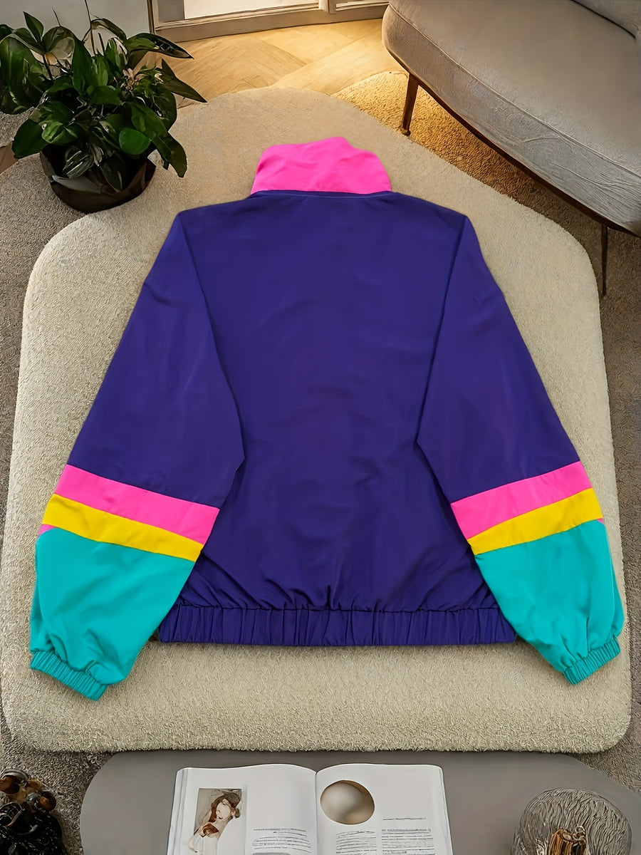 Women'S Casual Color-Block Jacket - Violet Blue