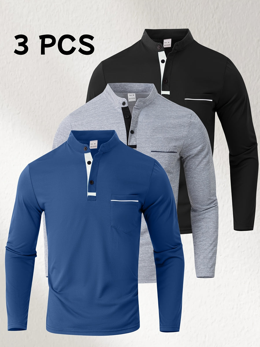 [Josh May OBM] 3pcs Men'S Long Sleeve Henley Shirts, Skin-Friendly Comfortable Fabric, Natural Elasticity Wearing Experience, Slim Casual Fit, Stand Collar Button-Up Design, Contrast Color Patchwork Detail, Chest Pocket Decoration - Sea Blue + Light Gray + Black