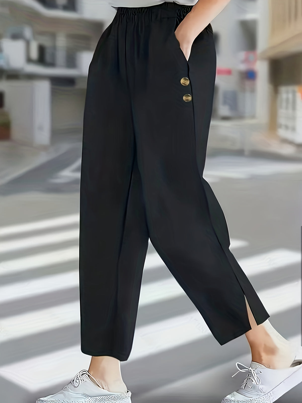 Solid Color Elegant Ankle Pants with Buttoned Pockets, Featuring a Slit Cuff Design for Added Dynamism, Suitable for Daily Outings or Commuting - Black