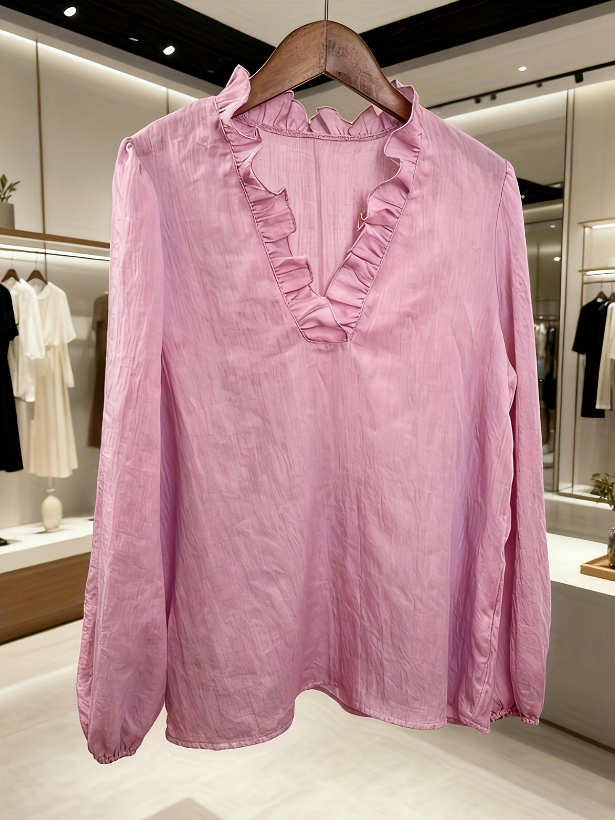 Women's Elegant and Comfortable Loose-Fit Vintage Style Ruffle V-Neck Lantern Sleeve Shirt, Versatile Top for a Feminine Look - Pink