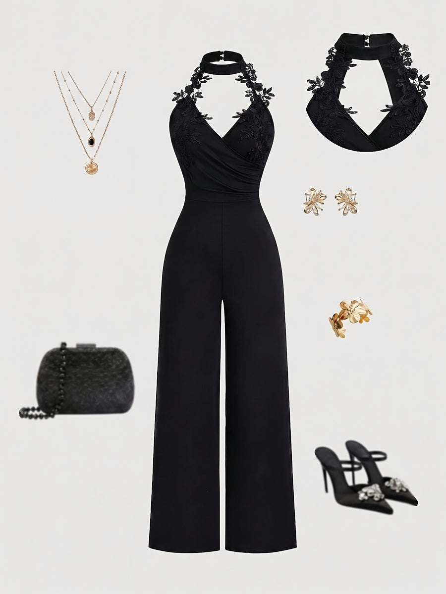 High-end Black Halter Neck Jumpsuit for Women, Summer Outfit with Lace Patchwork, Deep V-Neck, Waist-Cinching, Wide-Leg Pants - Black