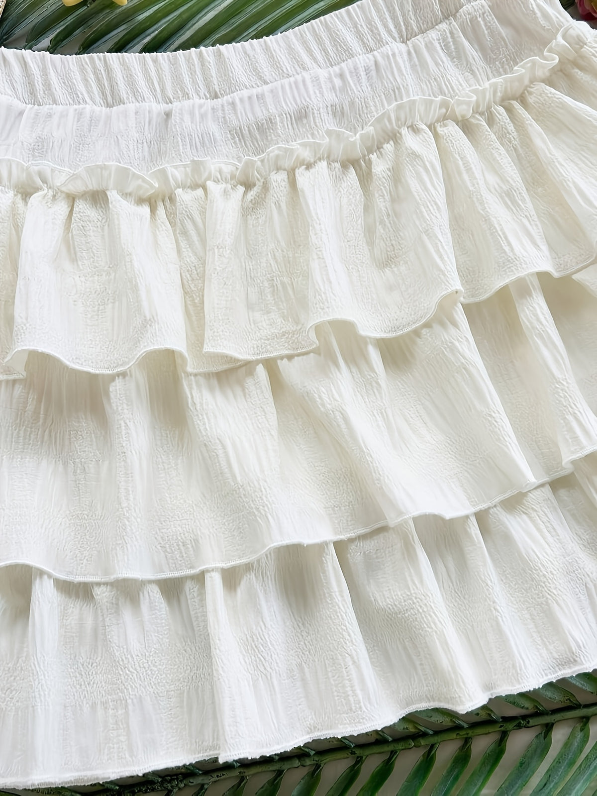 Casual Solid Color Ruffled Short Skirt, Holiday Layered Ruffled Short Skirt, Summer Short Skirt, Yellow Ruffled Short Skirt ZD1127248 - Milky