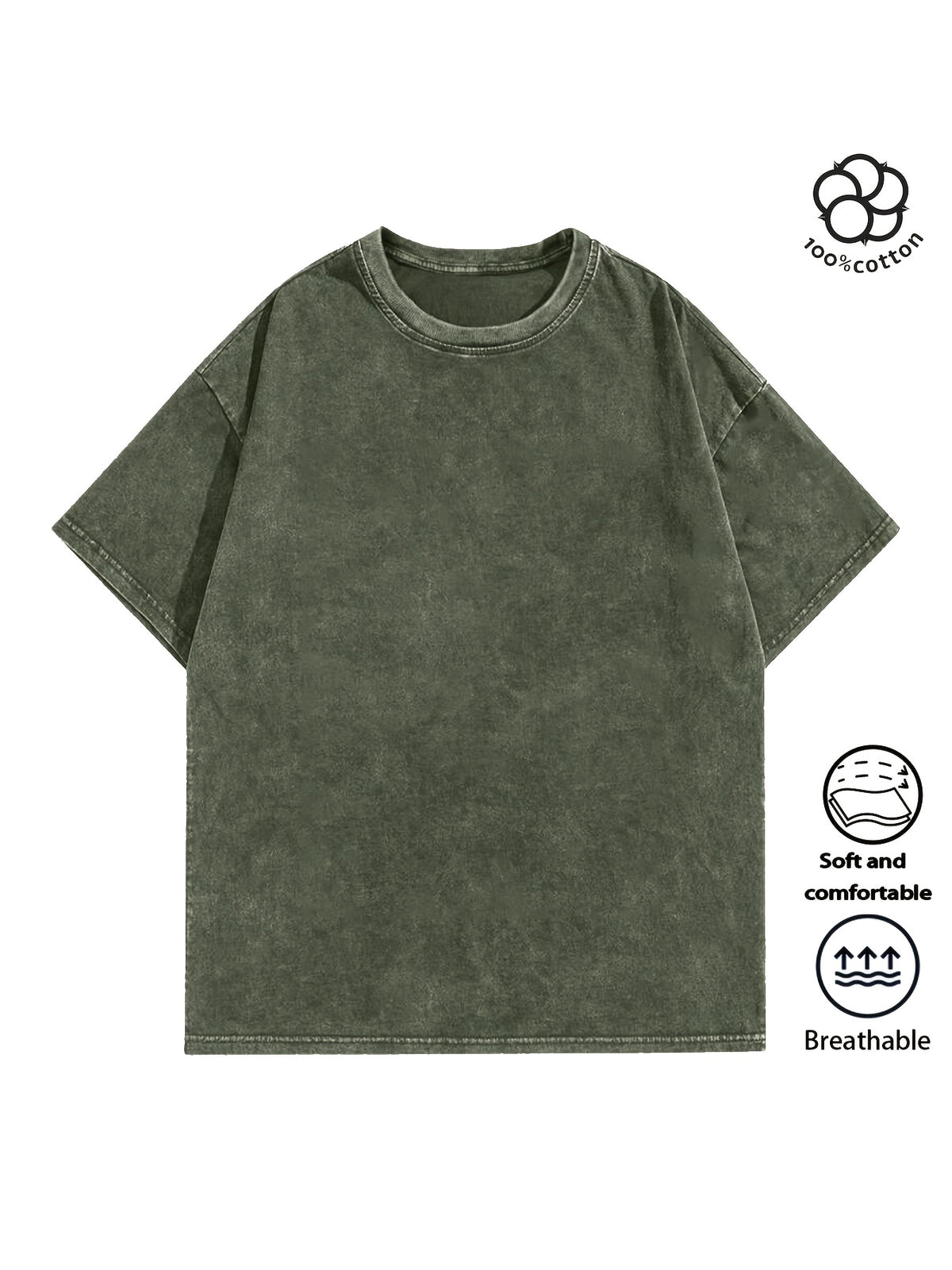 Men Heavyweight Short Sleeve T Shirt Washed Vintage Fashion Print Acid Wash Distressed Grunge Style Pure Breathable Fabric High Street Hip Hop Loose Fit Gym Fitness Workout Tops Casual Clothing 2026 - Military Green