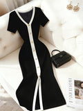 Ribbed Dress, Single-Breasted Slim-Fit Hip-Hugging Dress, Black and White Contrast Color Elegant Dress, Short-Sleeve Waist-Cinching Dress, High-End Little Black Dress, French-Style Elegant Dress, Light Luxury High-End Look, Vintage Classic Elegant - Black