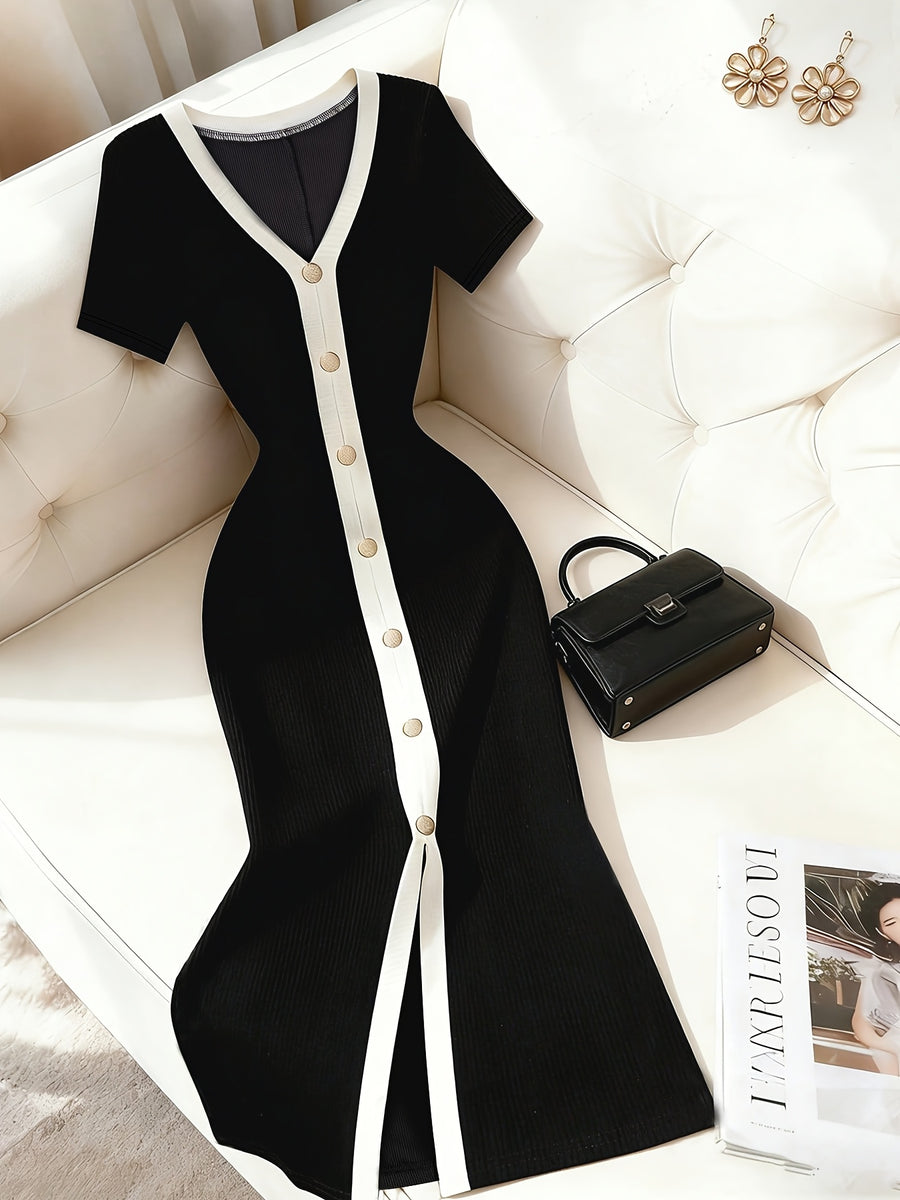 Ribbed Dress, Single-Breasted Slim-Fit Hip-Hugging Dress, Black and White Contrast Color Elegant Dress, Short-Sleeve Waist-Cinching Dress, High-End Little Black Dress, French-Style Elegant Dress, Light Luxury High-End Look, Vintage Classic Elegant - Black