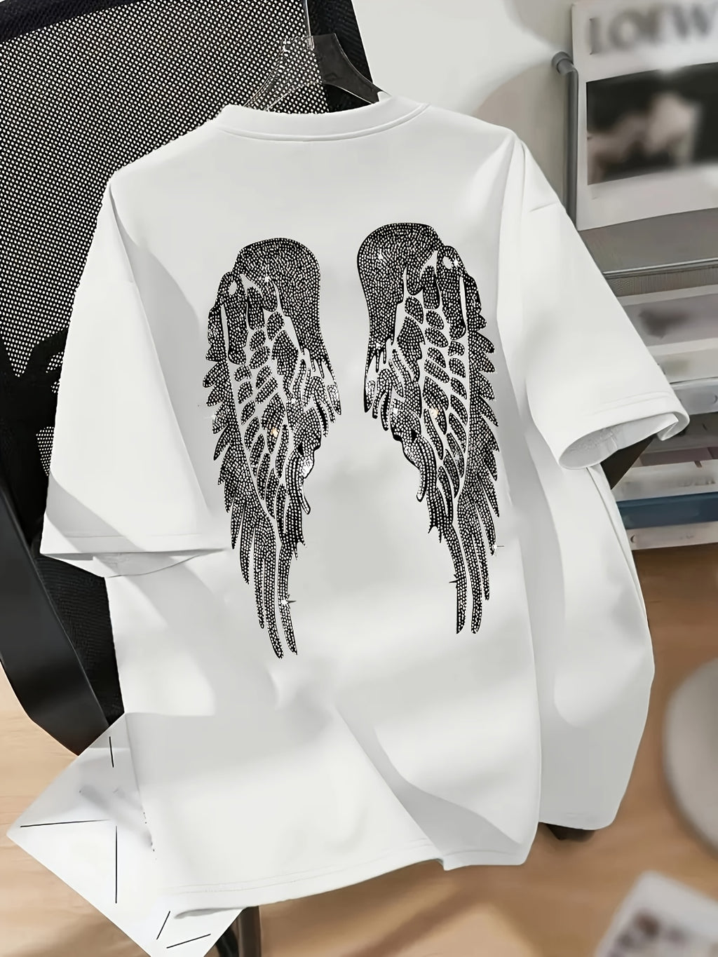 Y2K Wing Print Graphic T-Shirt for Men & Women - Oversized Relaxed Fit Short Sleeve Top with Applique, Breathable Summer Casual Shirt, Machine Washable, Unisex Clothing, Drop Shoulder Design, Stretchy Fabric, Durable Applique - White