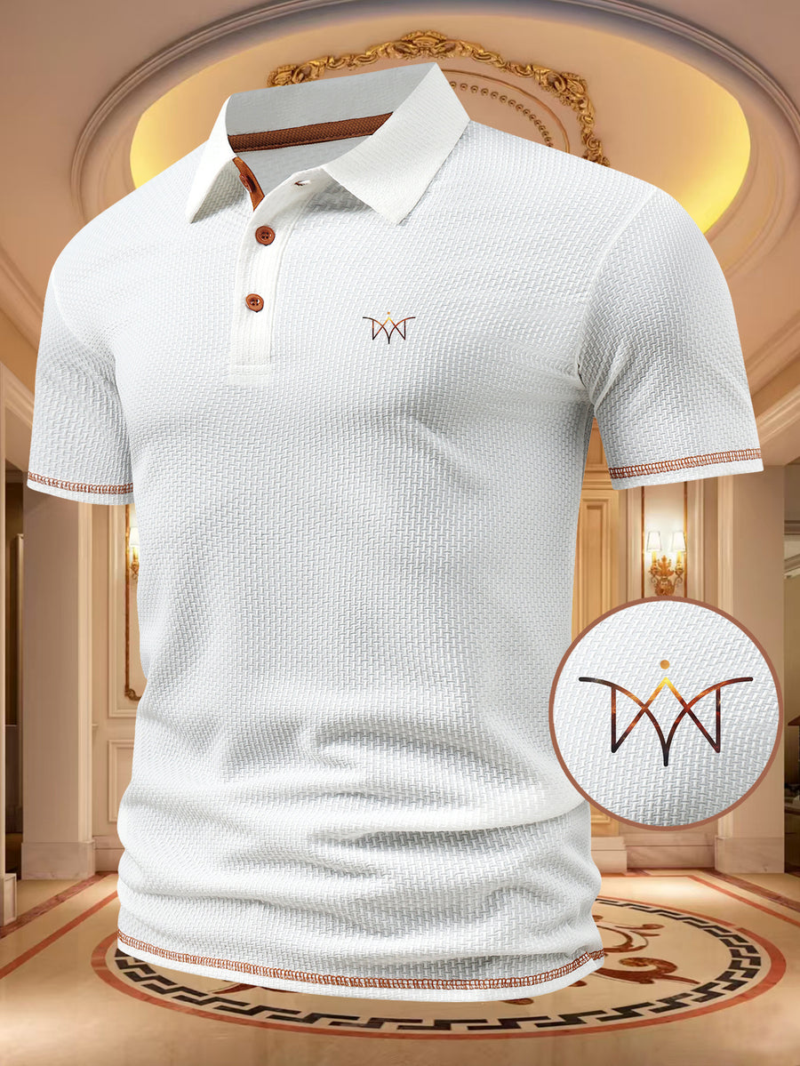 A06-4376VW Men's Popular Waffle Knit Polo Shirt, Textured Short Sleeve Casual Golf Shirt, Breathable Summer Top, Fashionable Golf T-Shirt, Suitable for Office / Vacation / Outdoor Use, Father's Day Gift - White