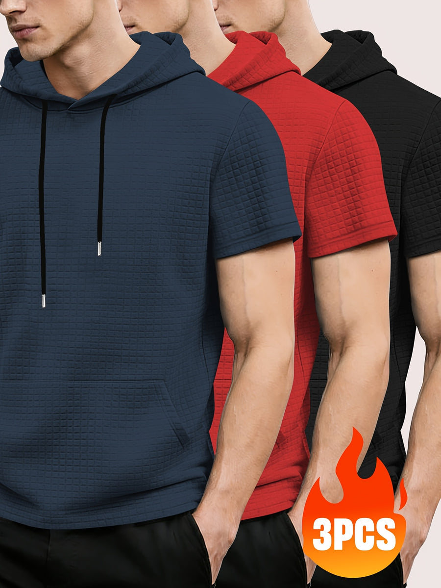 3pcs Men's Waffle Knit Short Sleeve Hoodie with Kangaroo Pocket, Soft and Breathable Fabric, Multiple Color Options, Versatile for Daily Wear, Simple and Stylish Casual Sportswear, Suitable as Matching Family Outfits, Great Choice for Gifts - Navy Blue + Red + Black