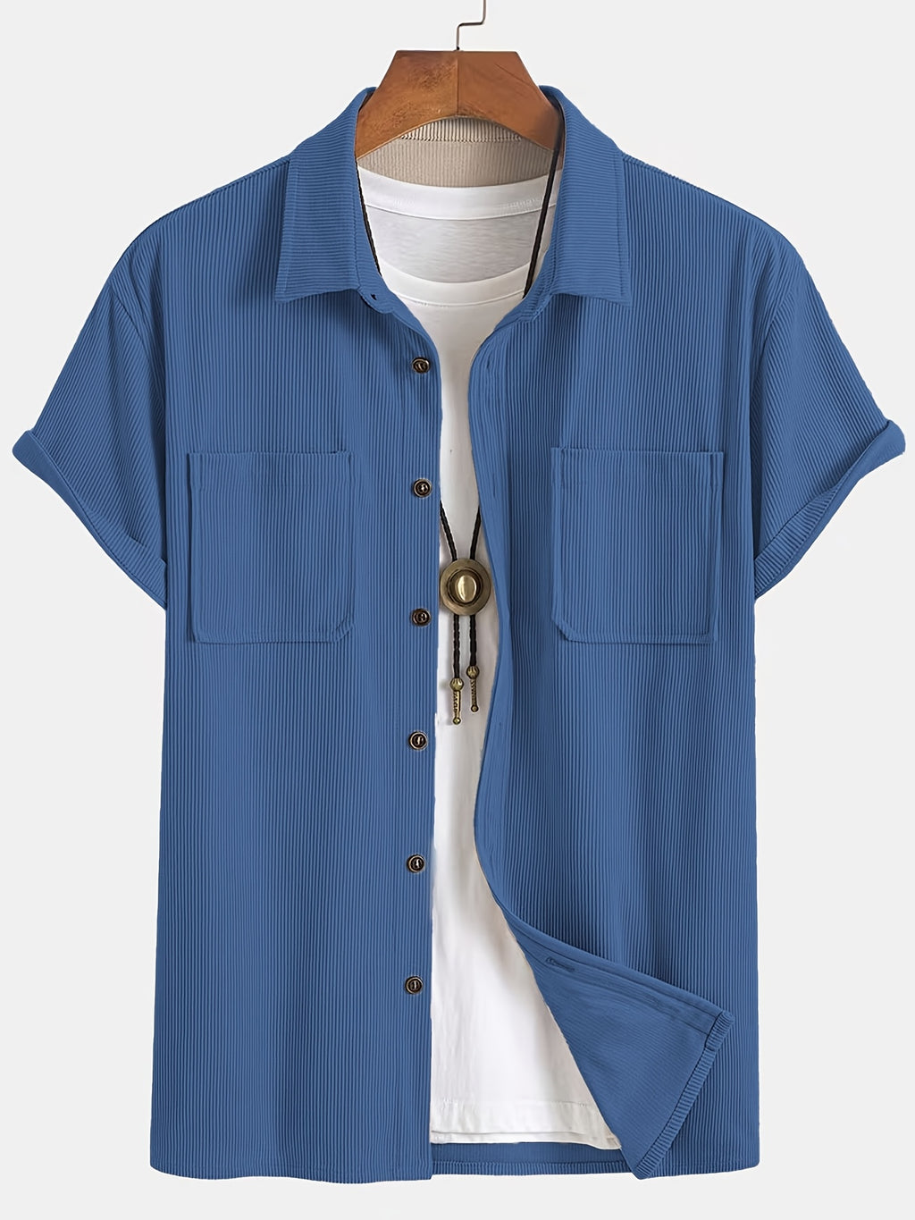 Summer Men'S Solid Color Pinstripe Corduroy Shirt, Lapel Double Pocket Design Loose All-Match Short Sleeve Shirt Jacket - Blue