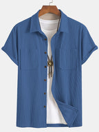 [Textured Corduroy] Men'S Short-Sleeved Shirt Double Pocket Loose Slimming Commuter Jacket - Blue