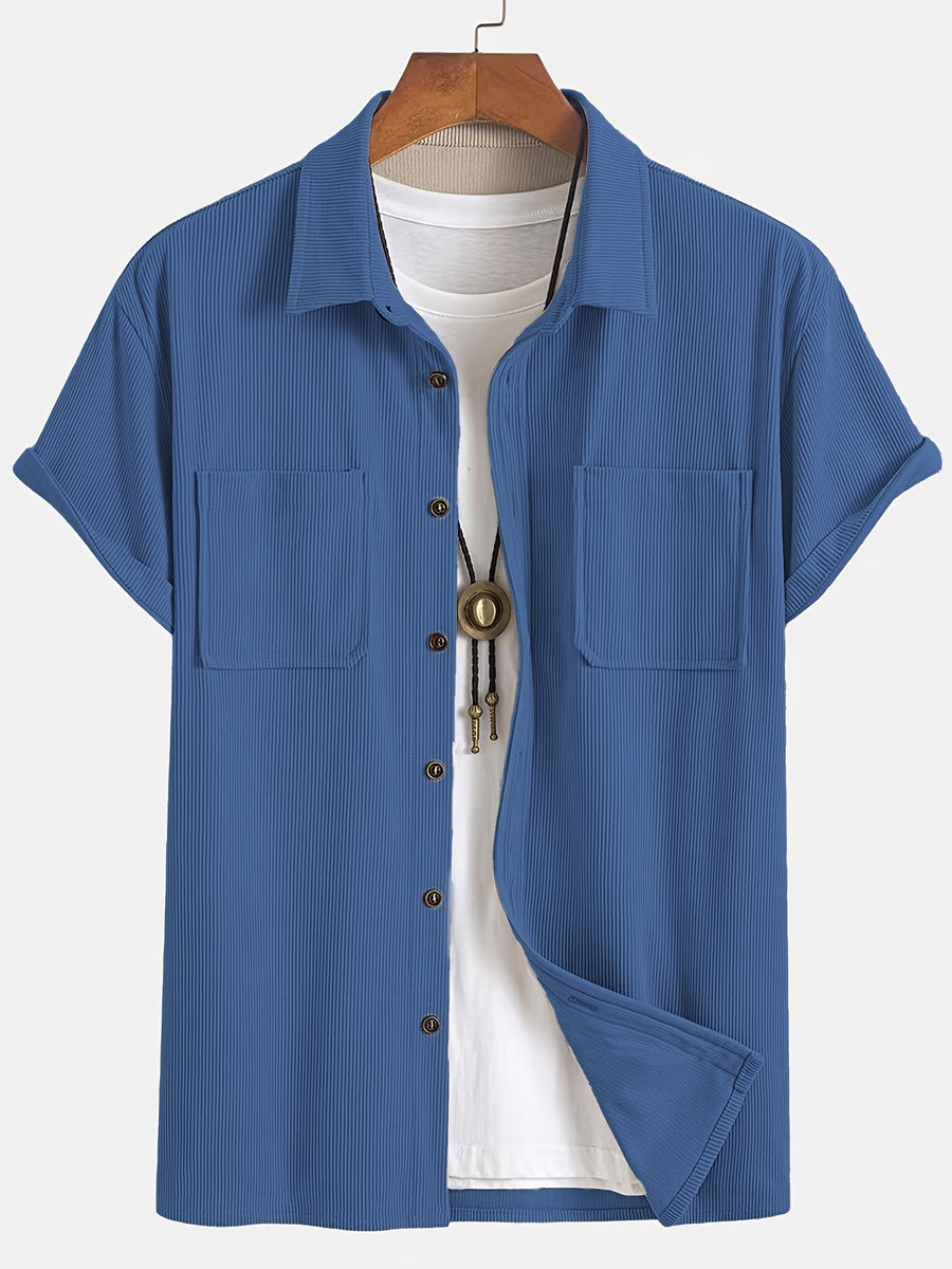 [Textured Corduroy] Men'S Short-Sleeved Shirt Double Pocket Loose Slimming Commuter Jacket - Blue
