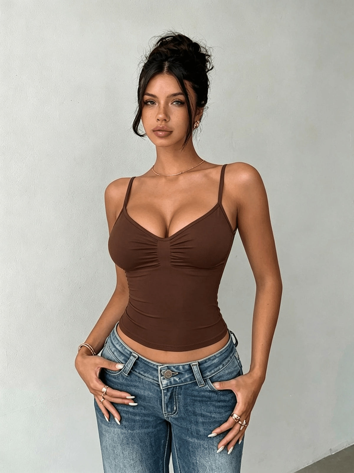 Women's Solid Color Pleated Slim Fit Casual Camisole Tank Top - Coffee Brown