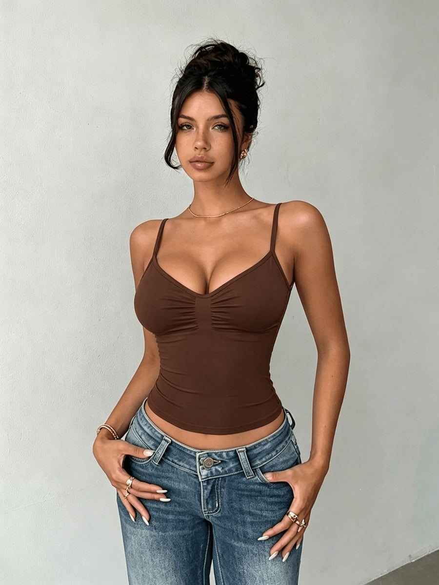 Women's Solid Color Pleated Slim Fit Casual Camisole Tank Top - Coffee Brown