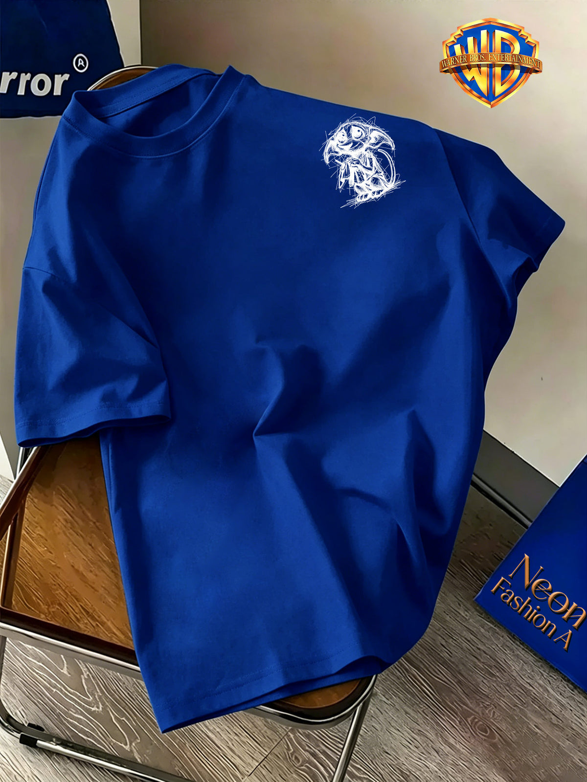 Halloween Back-to-School Season Men's Pure Short-Sleeve T-Shirt, Officially Licensed Warner Bros. Doodle Line Art Dobby Print, Versatile Casual Spring/Summer Regular Fit Top, Breathable and Skin-Friendly, Suitable for Daily Outings, Outdoor Leisure - Royal Blue