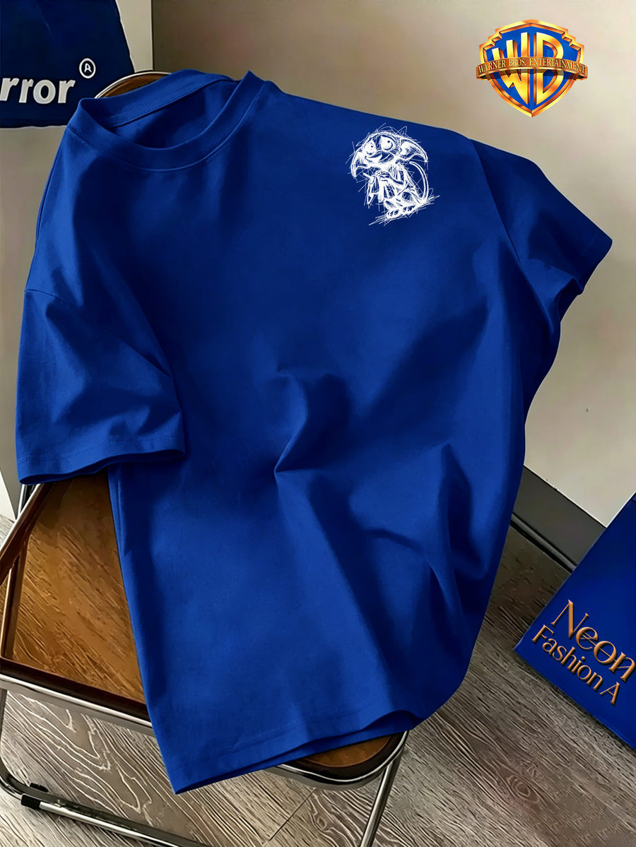 Halloween Back-to-School Season Men's Pure Short-Sleeve T-Shirt, Officially Licensed Warner Bros. Doodle Line Art Dobby Print, Versatile Casual Spring/Summer Regular Fit Top, Breathable and Skin-Friendly, Suitable for Daily Outings, Outdoor Leisure - Royal Blue