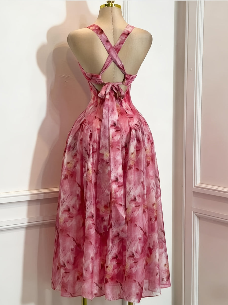 Women's Elegant and Fashionable Floral Print Dress, Halter Neck Backless Waist-cinching Long Dress - Mixed colors