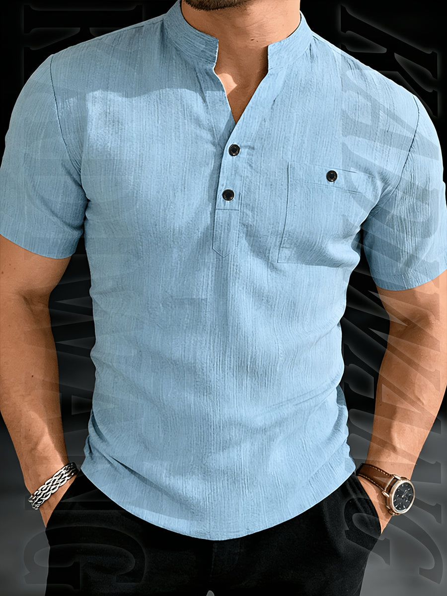 Henley Shirt Men's High-Quality Summer Short-Sleeve Henley T-Shirt - Men's Top, Old Money Style, Suitable for Golf Attire, Outdoor Camping, Fishing, and Daily Casual Wear - Sky Blue