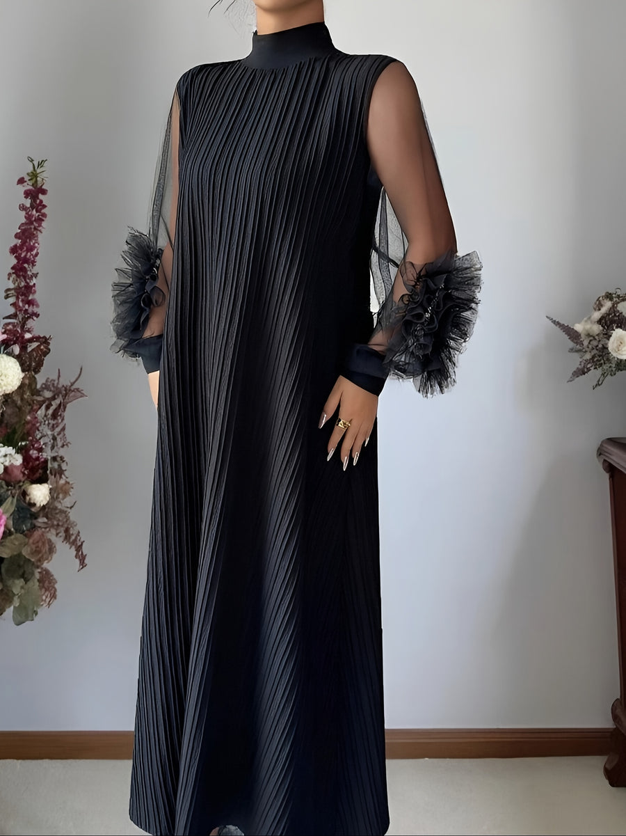 Women'S Stand-Up Collar Lantern Long-Sleeved Textured Fabric Splicing Mesh Hand-Cranked Three-Dimensional Embroidery Loose Comfortable And Elegant Senior Long Dresses - Black