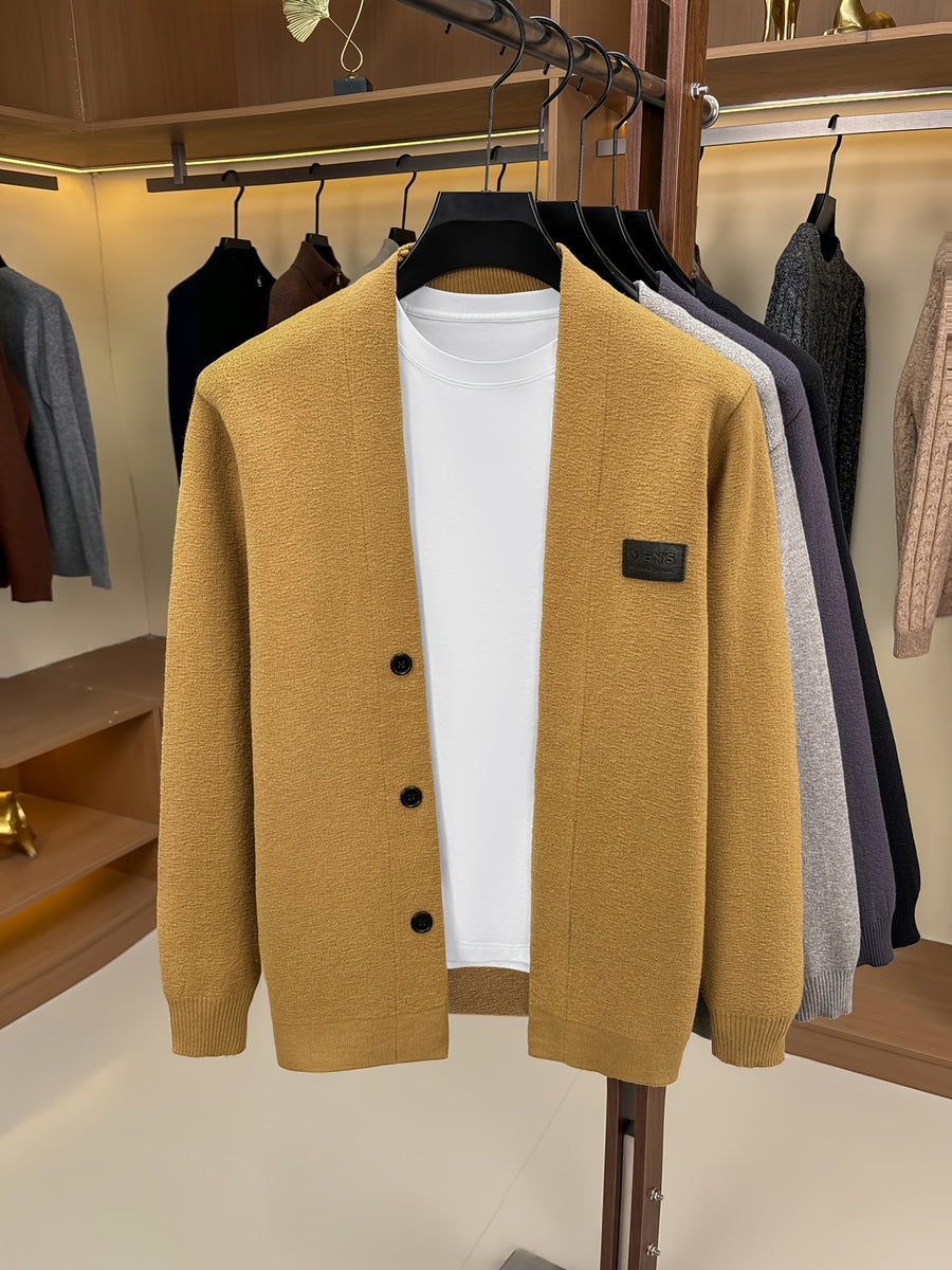 Men's Minimalist Commuter-Style Knit Cardigan, Crafted from Fine, Soft, and Supple Knitted Fabric That Is Skin-friendly, Breathable, Wrinkle-resistant, and Pilling-resistant. The V-neck and Relaxed Fit Are Flattering on All Body Types - ginger-colored