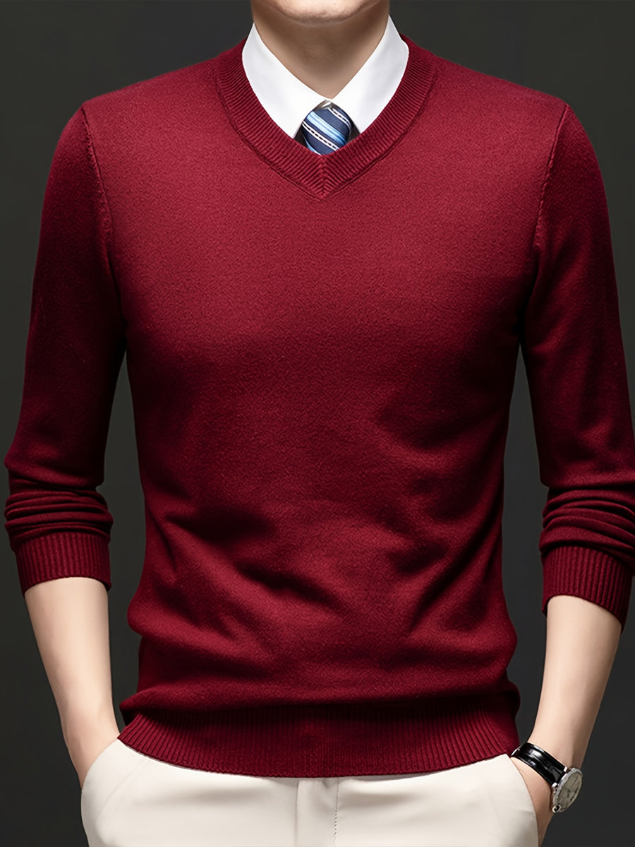 Men's V-neck Knit Base Layer, Form-fitting Without Being Tight, Accentuates a Clean Silhouette While Allowing Unrestricted Arm Movement. Suitable for Business Commutes, Family Gatherings, and Holiday Celebrations - Burgundy
